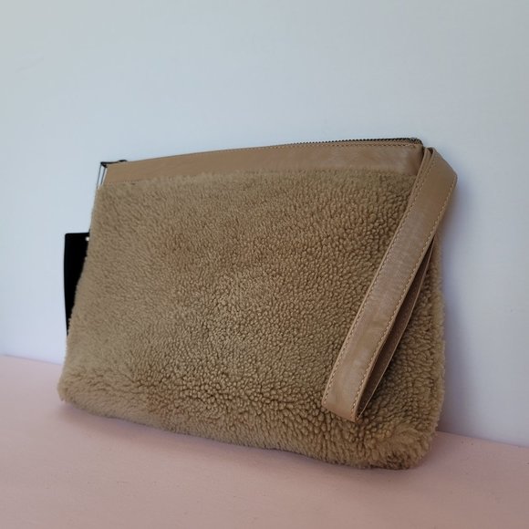 VIAVENETO Delilah Curly Lambskin Shearling Large Pouch/Wristlet- Camel color - Picture 4 of 16